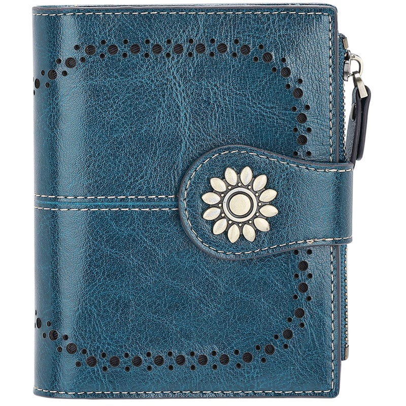 Lavemi Womens Leather Wallet Small Compact RFID Blocking Credit Card Case Purse with Zipper Pocket(Peacock Green) - Image 1